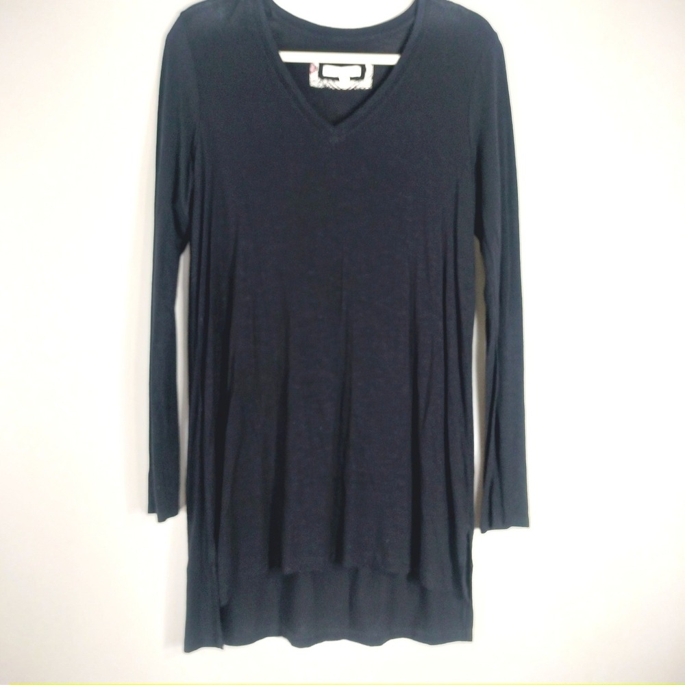Pure Good Black Tunic Top; Long Sleeve V-Neck High Low Hem Rayon Blend